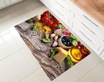 Italian Chef Kitchen Rug, Itallian Looking Rugs, Kitchen Rugs Washable Italian Food, Pasta Carpet, Rustic Wood Background Kitchen Mat,