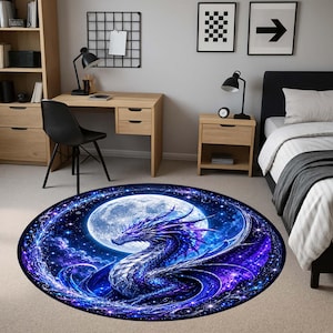Tapete redondo Dragão Azul, Tapete Celestial Lua Cheia, Tapete Fantasia para Quarto de Bebê, Tapete Místico Gótico, Presente Decorativo para Quarto Infantil com Impressão Digital