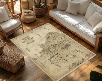 Vintage Middle Earth Map Carpet, Rug for Boys Bedroom, Vintage Fantasy Map Decor, Movie Decor, Washable Non Slip