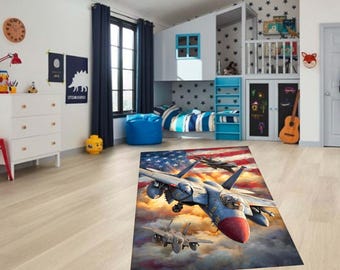F15 Eagle Fighter Jet Rug, American Flag Military Area Rug, Patriotic Air Force Carpet, Pilot Gift, Man Cave Decor, Large Living Room Rug
