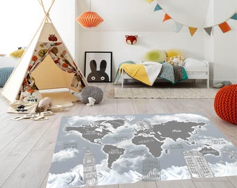 World Map Area Rug, Travel Themed Decor, Geography Art, Office Decor, Scandinavian Carpet, Custom Size Area Rug