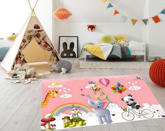 Kids bedroom rug pink, Safari Animals Play Mat, Pastel Baby Girl Room Decor, Cartoon Animal Rug with Rainbow and Balloons, Customizable Rug