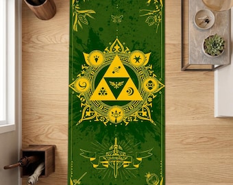 Alfombra de pasillo de Legend of Zelda, alfombra de pasillo de la Trifuerza, alfombra de alquimia mística, alfombra de pasillo gótica de fantasía verde y dorada