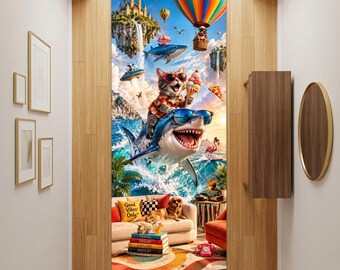 Alfombra surrealista de gato tiburón, arte animal caprichoso, arte de decoración maximalista para el hogar
