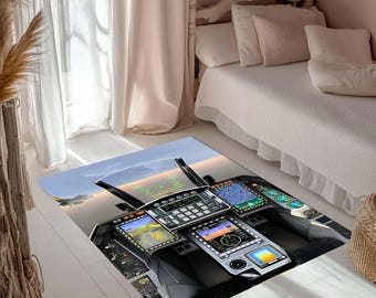 Fighter Jet Rug, Military Plane Cockpit Carpet, Aviation Decor for Boys Bedroom, Flight Simulator Mat, Washable Non Slip Rug