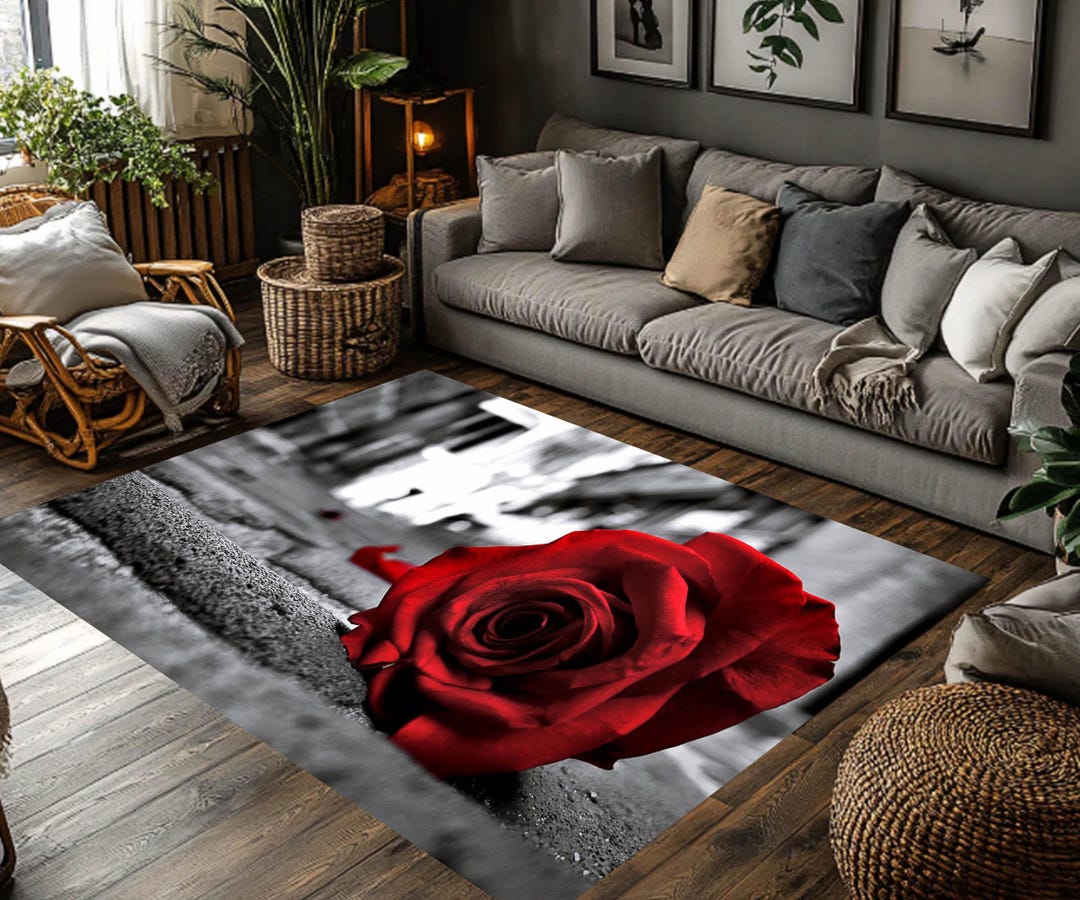 Red Rose Photo Rug | Black and White Themed, Washable Area Rug - Etsy