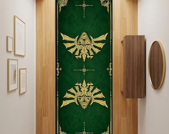 Alfombra Zelda Runner, Alfombra de entrada Fantasy Golden Crest, Alfombra de pasillo Emerald Green Mythic Gamer Decor