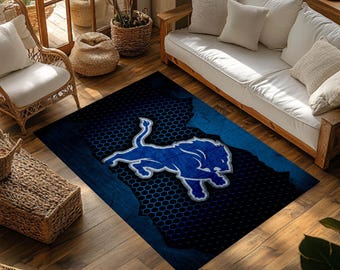 Detroit Lions Style Rug, Blue Lion Art, Sports Themed Decor, Sports Fan Room Decor, Rugs for Men Room