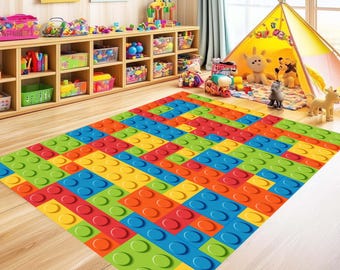 Tappeto con blocchi da costruzione colorati, decorazione per la cameretta dei bambini, tappeto per la sala giochi, tappeto per l'asilo nido, tappeto educativo a tema giocattoli, tappetino antiscivolo lavabile