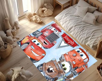 Custom Cars Rug, Personalized Kids Play Mat, Boy Nursery Decor, Toddler Bedroom Carpet, Watercolor Race Car Rug, Cute Kids Room Gift