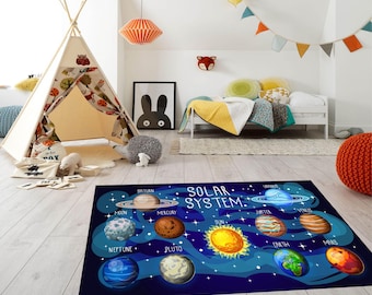 Solar System Kids Room Rug, Space Carpet, Planets Themed Nursery Carpet, Planets Educational Mat, Galaxy Themed Bedroom Decor