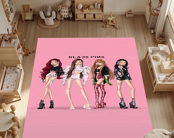 K-Pop Girl Group Area Rug, Blackpink Inspired Floor Carpet, Pink Aesthetic Room Decor, Trendy Fan Gift, Digital Printed Washable Nursery Mat