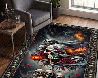 Horror Rug, Gothic Skull Area Rug, Dark Fantasy Crow & Roses Floor Mat, Edgy Horror Home Decor, Macabre Large Living Room Rug