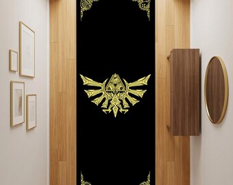 Alfombra Triforce Crest, decoración para sala de juegos de fantasía, tapete negro y dorado.