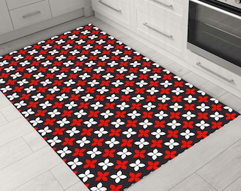 Kitchen Rug, Modern Red & White Geometric Area Rug, Minimalist Pattern Non-Slip Washable Digital Print Carpet, Contemporary Home Floor Decor