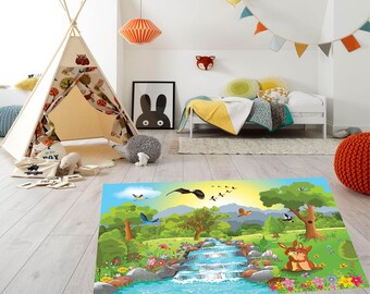 Woodland Animals Kids Rug, Nature Waterfall Area Carpet, Washable Nursery Playroom Carpet, Forest Scenery Playroom Mat, Cute Bunny Decor,
