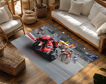 MotoGP Racing Area Rug, Red Sports Bike Carpet, Motorcycle Enthusiast Gift, Digital Print Washable Rug, Man Cave Decor,