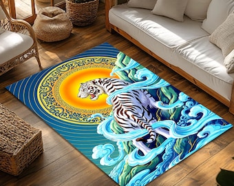 Alfombra Tigre Blanco, Decoración de Arte Asiático, Arte con Diseño de Ola Azul