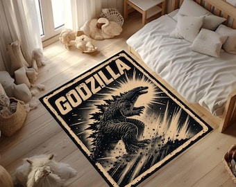 Alfombra vintage de Godzilla, alfombra Kaiju, alfombra con póster de película retro, decoración desgastada para sala de juegos, regalo para fans de Godzilla, antideslizante con impresión digital