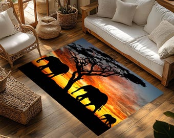 Elephant Family Silhouette Rug, Safari Carpet, African Sunset Decor, Washable Non Slip