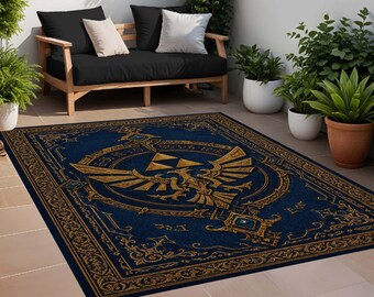 Zelda Rug, Triforce Gaming Area Rug, Hyrule Crest Large Non Slip Carpet, Gamer Room Decor, Vintage Gold Blue Rug, Nintendo Fan Gift