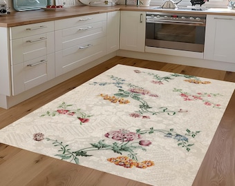 Vintage Floral Area Rug for Grandma Chic Decor, Retro Botanical Wildflower Print Carpet, Antique Aesthetic Cottagecore Rug for Living Room