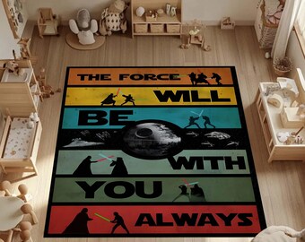 Tappeto di Star Wars, "La Forza sarà sempre con te", tappeto con poster cinematografico retrò, decorazione per la cameretta a tema Star Wars, regalo per fan Jedi vs Sith