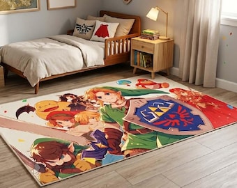 Super Smash Bros Characters Rug, The Legend of Zelda Carpet, Retro Video Game Room Decor, Non-Slip Washable Digital Print Carpet for Gamers