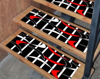 Black White Red Geometric Stair Treads Rug, Modern Abstract Carpet Stair Treads,  Non-Slip Washable Stair Mat, Tribal Style Stair Carpet