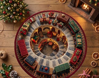 Alfombra redonda con diseño de tren navideño mágico en 3D, acogedora alfombra decorativa navideña con temática literaria.