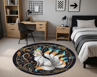 Nine Tailed Fox Rug, Kitsune Japanese Mythology Area Rug, Mythical Creature Floor Mat, Japanese Art Print Rug, Gift for Anime Fans