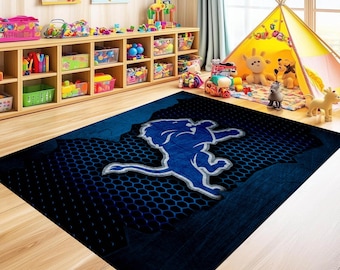 Detroit Lions Style Rug, Blue Lion Art, Sports Themed Decor, Sports Fan Room Decor, Rugs for Men Room