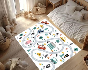 City Road Kids Bedroom Play Rug, Kids' Mat for Car Games, Traffic Map Carpet, Kids Playroom Educational Game Decor, City Carpet Design,