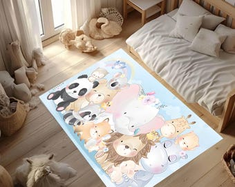 Safari Nursery Carpet, Jungle Animals Kids Rug, Zoo Animals Rug, Washable Baby Room Carpet, Blue Soft Floor Carpet