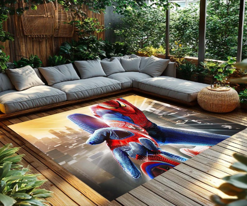 Pu&ograve; includere: Un tappeto rettangolare con un'immagine dinamica di Spider-Man. Il tappeto mostra il costume rosso e blu del personaggio su uno sfondo di paesaggio urbano. &Egrave; posizionato su un ponte di legno, vicino a un divano grigio e una vegetazione lussureggiante.