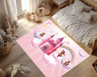Princess Castle Rug for Girls Room, Teddy Bears Rug, Pink Castle Carpet, Dream World Fairytale Mat, Washable Playroom Decor