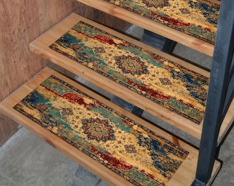 Alfombra antideslizante para escaleras estilo vintage, alfombra oriental desgastada para escaleras, alfombra para escalones en azul marino dorado, alfombra tradicional bohemia para pasillo.