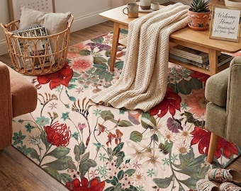 Grandma Chic Floral Area Rug, Grandmillennial Botanical Carpet, Antique Red Flower Garden Decor, Victorian Rug, Heirloom Style Mat