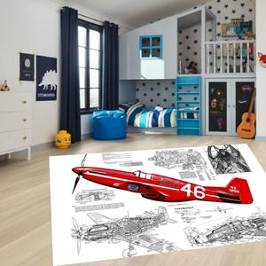May include: A red and white P-51 Mustang airplane rug with detailed diagrams and the number 46. The rug features a propeller and the text "NX 1204". The rug is in a child's bedroom.