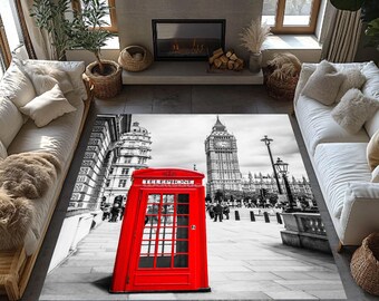 London Rug Black White Red, London Telephone Booth Carpet, London Big Ben Cityscape Mat, British Style Living Room Decor