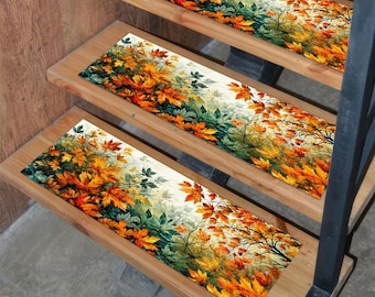 Peldaños antideslizantes con diseño de hojas de otoño, alfombra para escaleras con diseño de hojas de arce en acuarela, decoración otoñal para el hogar.
