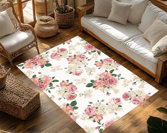 Vintage Floral Area Rug, Pink Rose Shabby Chic Carpet, Cottagecore Grandma Chic Rug for Living Room, Large Floral Print Home Decor, Washable