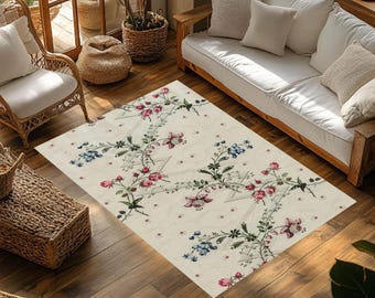 Vintage Floral Rug, Grandma Chic Rose Carpet, Blue Flowers Digital Printed Carpet, Retro Room Decoration, Shabby Chic Rug, Washable Non-Slip