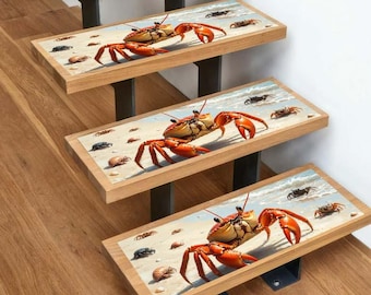 Crab Carpet Stair Treads, Beach House Decor Stair Rug, Nautical Coastal Stair Runner, Sea Life Non-Slip Step Mat, Machine Washable Rug