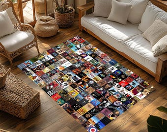 Vintage Album Cover Collage Rug, Classic Rock Aesthetics, Old Record Cover Patterned Carpet, Washable Non Slip Carpet