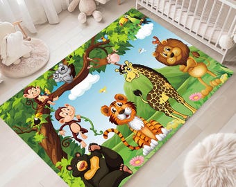Forest Animals Kids Bedroom Rug, Zoo Animals Carpet, Colorful Kids Bedroom Decor, Educational and Cheerful Decoration, Washable Non-Slip Rug
