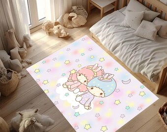 Kawaii Twin Stars Rug Nursery, Pastel Area Decor, Cute Moon Stars Kids Carpet, Aesthetic Baby Girl Room Rug, Soft Playroom Mat, Washable Rug