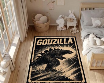 Vintage Godzilla Rug, Kaiju Area Rug, Retro Movie Poster Carpet, Distressed Gamer Room Decor, Godzilla Fan Gift, Digital Printed Non Slip