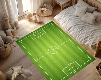 Football Pitch Rug for Kids Bedroom, Soccer Field Area Rug for Boys Room, Sports Themed Play Mat, Non-Slip Washable Digital Printed Carpet
