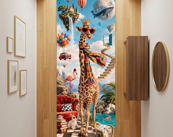 Alfombra de pasillo con estampado de jirafa surrealista, arte animal original, alfombra maximalista para sala de estar.